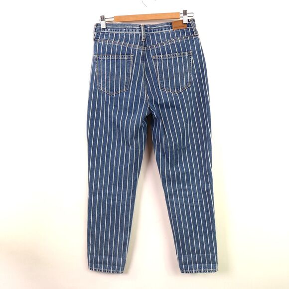 American Eagle Pin Stripe Blue Mom Jean High Rise Tapered Leg Size 4 - Picture 2 of 5
